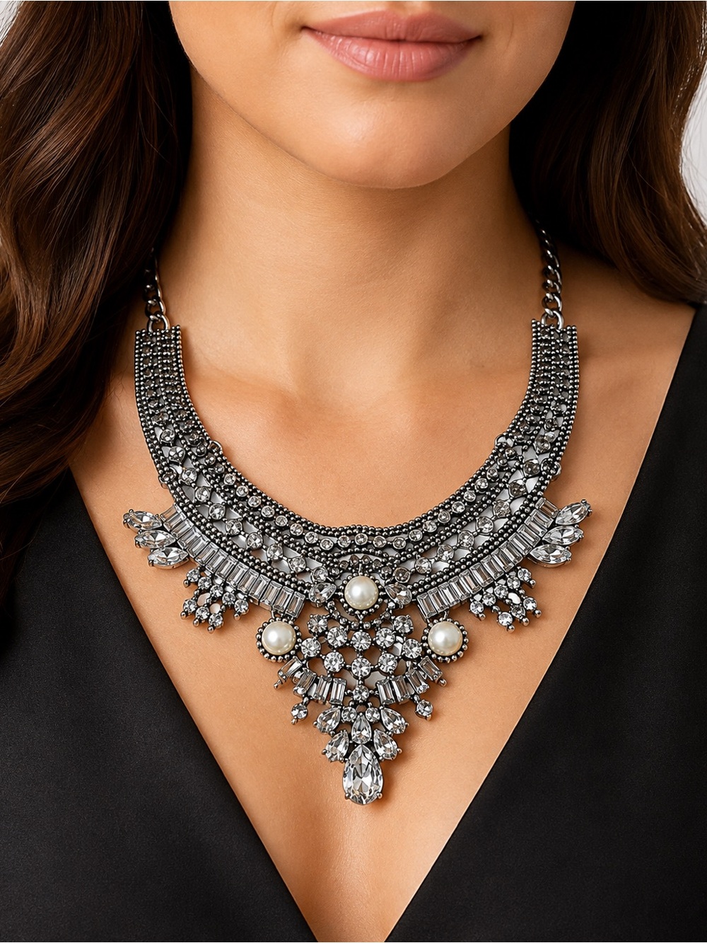 Silver Tone Rhinestone Pearl Statement Bib Necklace Crystal Bridal Glam EUC